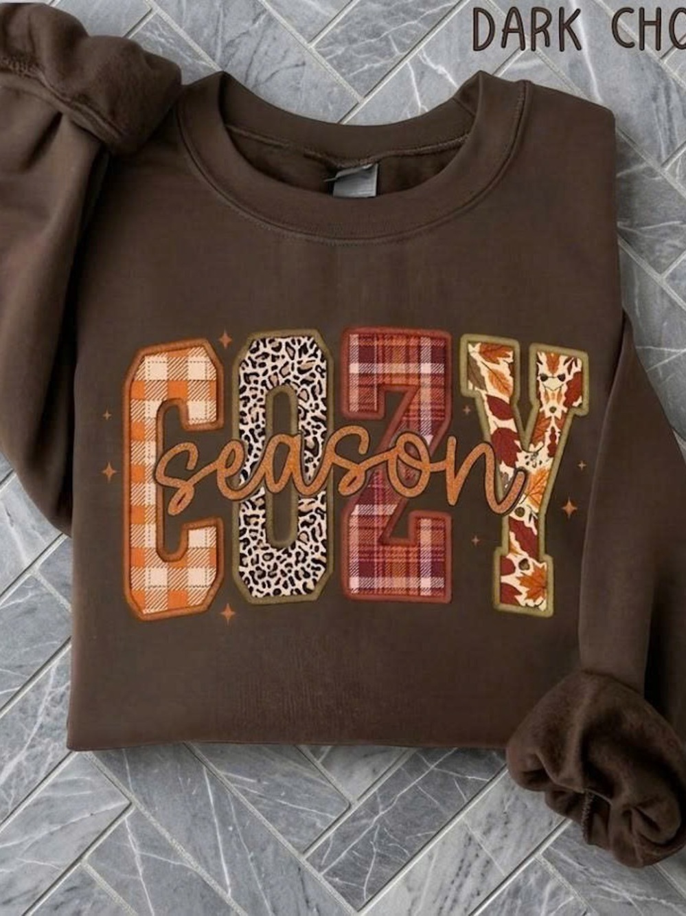 Cozy Season Graphic Crewneck Sweatshirt Brown Plaid Leopard Fall Pullover